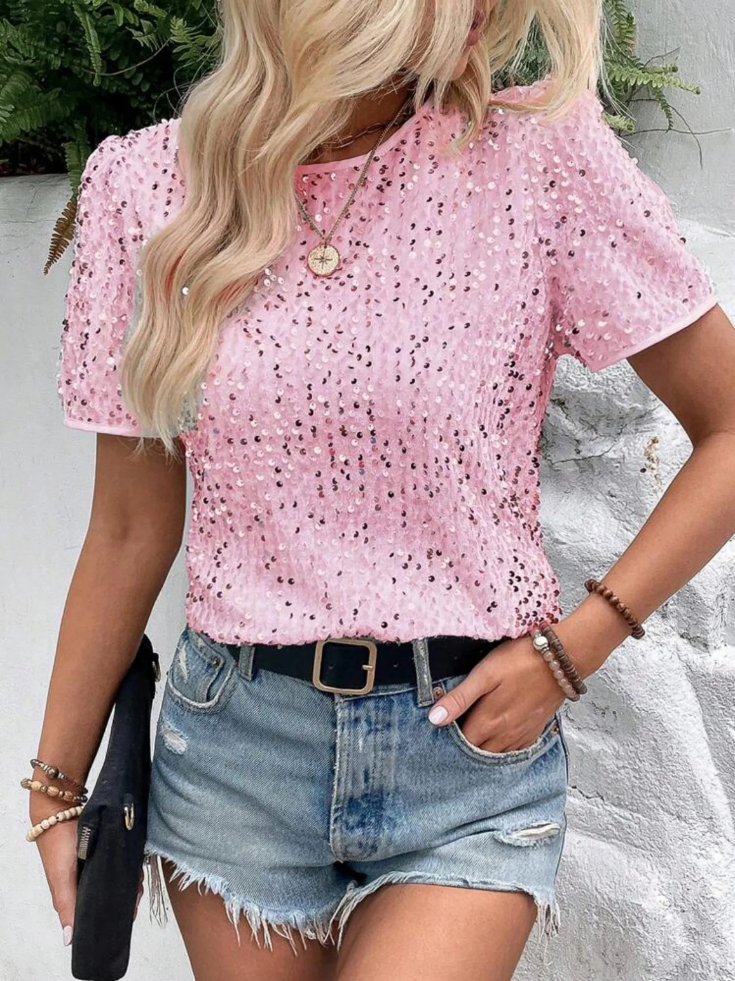 Sequins Crew Neck Short Sleeve T-shirt - Image 12