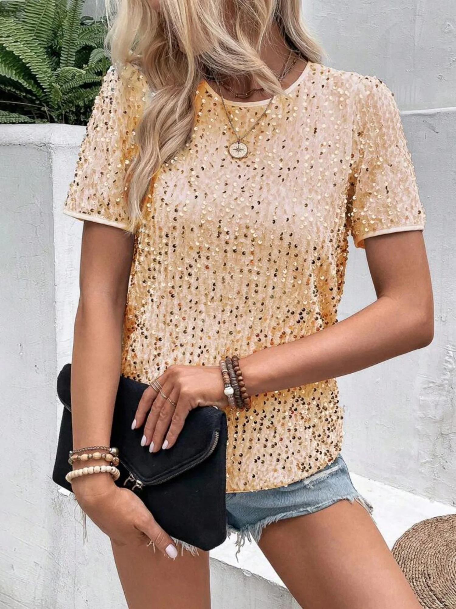 Sequins Crew Neck Short Sleeve T-shirt - Image 3
