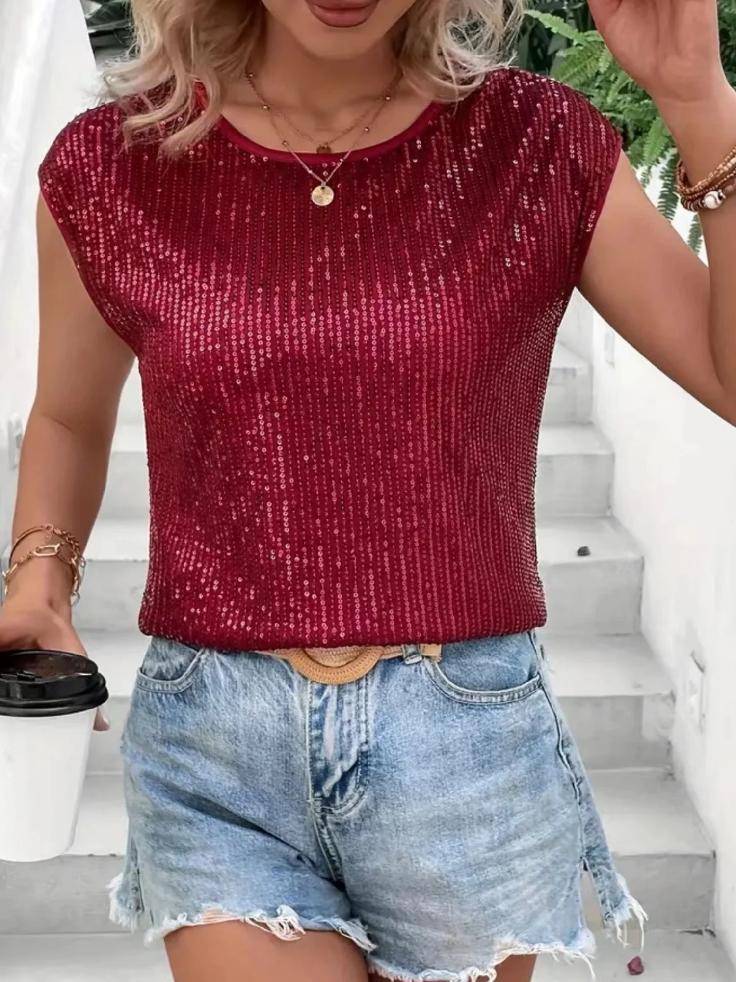 Sequins Round Neck Sleeveless Tank Tops - Image 8