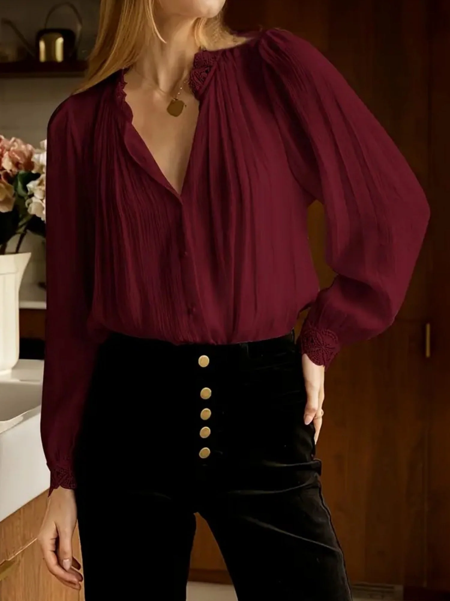 Splicing Lace Trim Commuting Shirts - Image 5