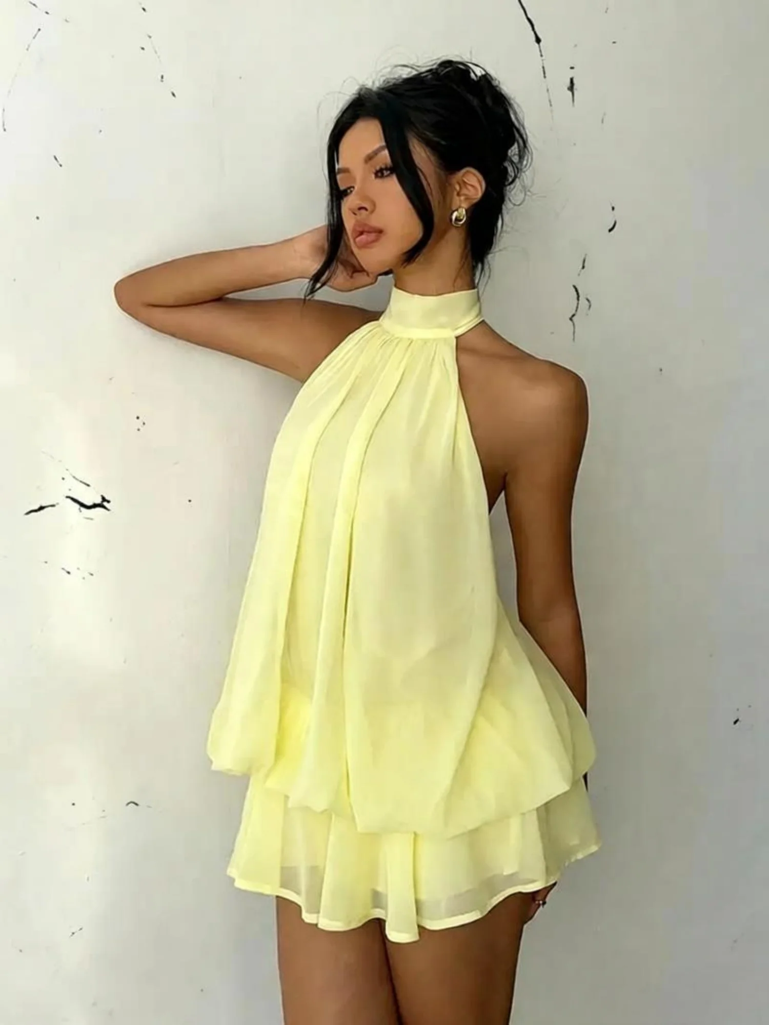 Chiffon Ruffle Halter Neck And Backless Mini&Short Dresses