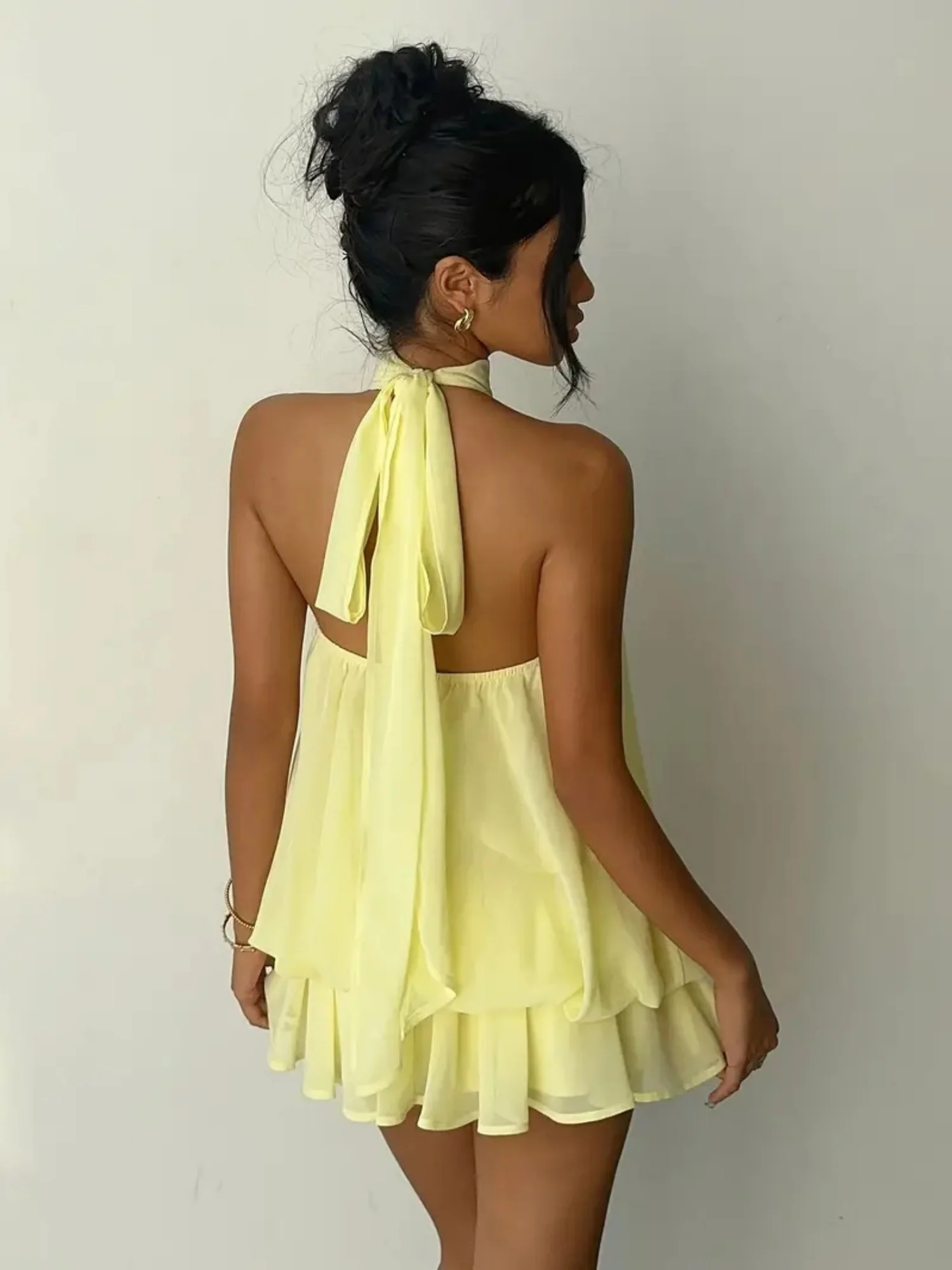 Chiffon Ruffle Halter Neck And Backless Mini&Short Dresses - Image 2