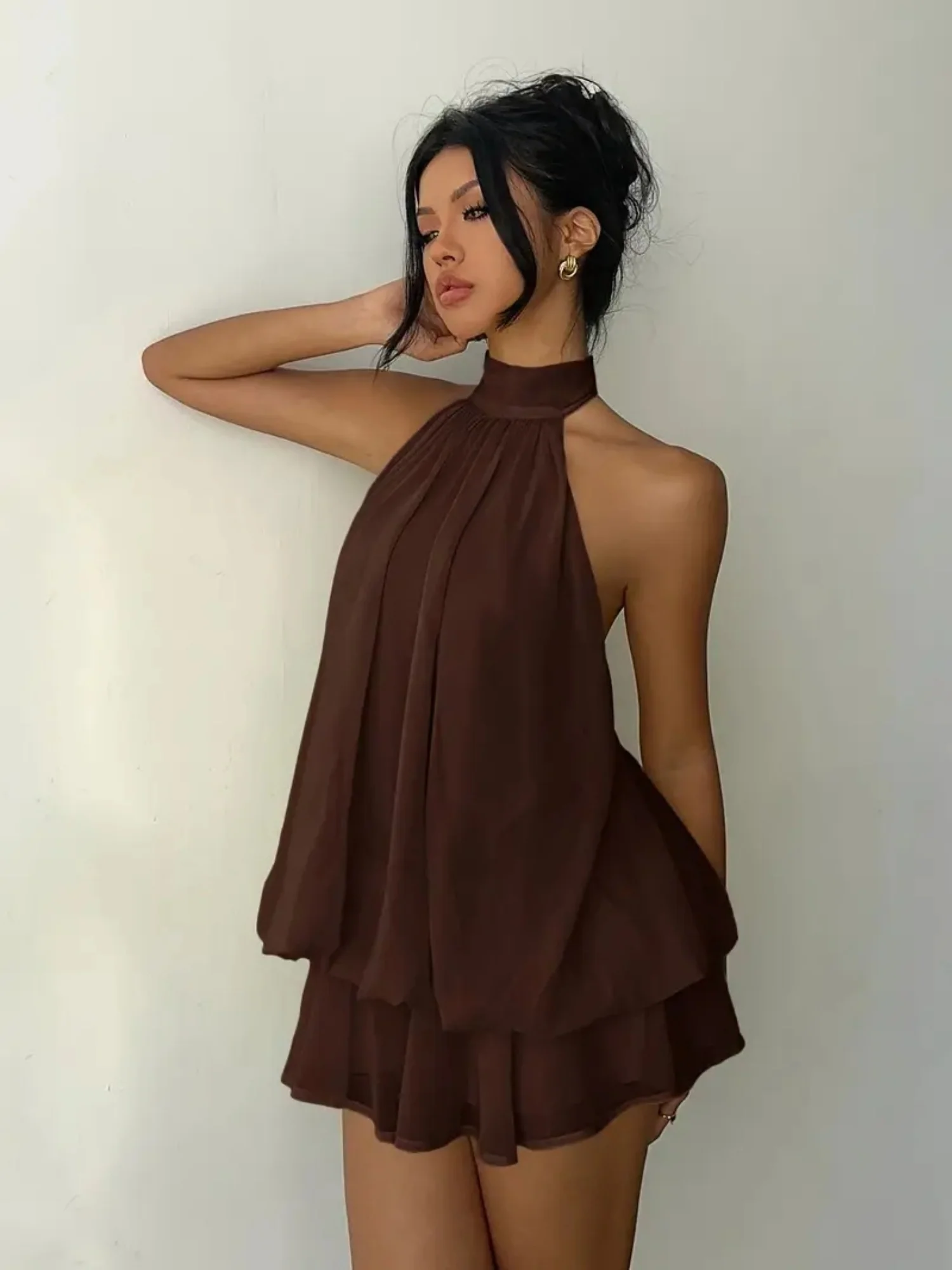 Chiffon Ruffle Halter Neck And Backless Mini&Short Dresses - Image 5