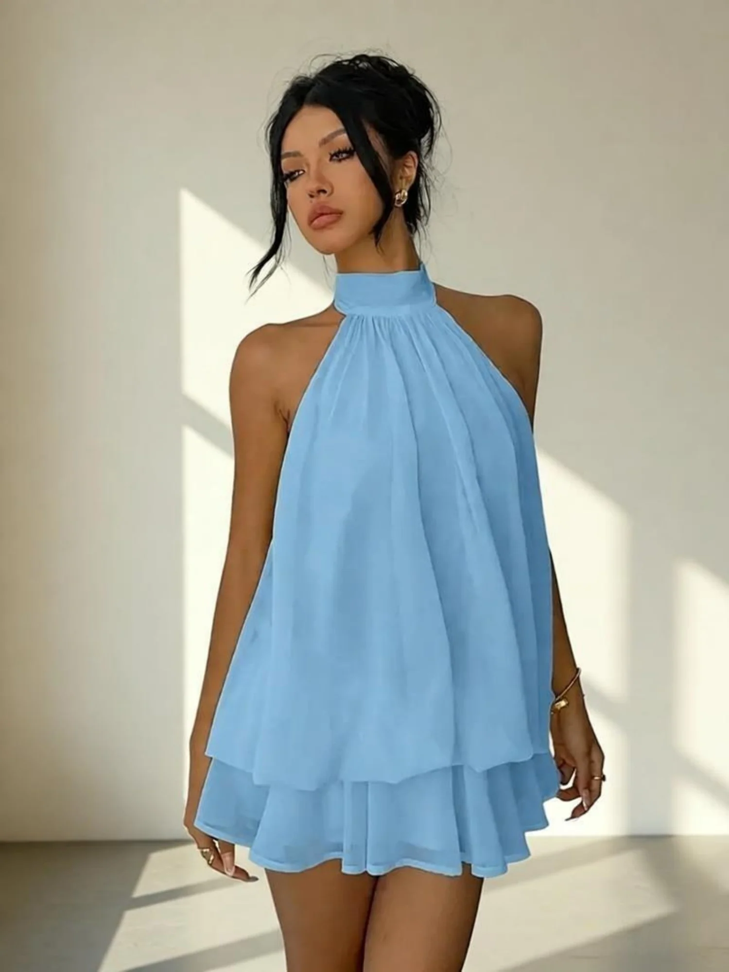 Chiffon Ruffle Halter Neck And Backless Mini&Short Dresses - Image 8