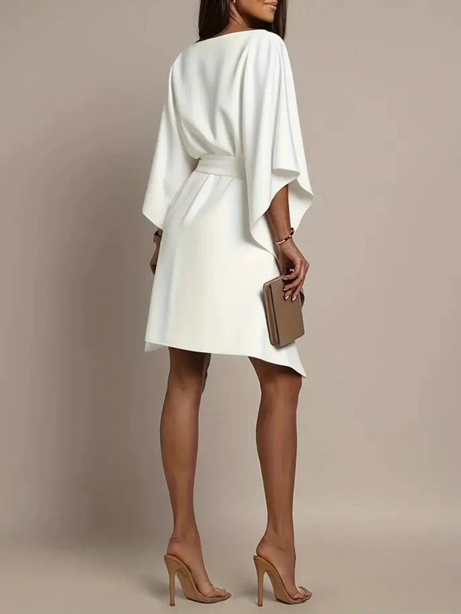 White Batwing Sleeves Lace Up Grace Irregular Hem Mini&Short Dresses - Image 2