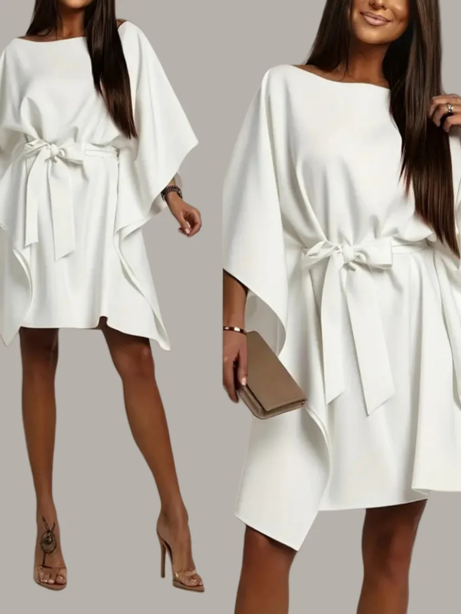 White Batwing Sleeves Lace Up Grace Irregular Hem Mini&Short Dresses - Image 3