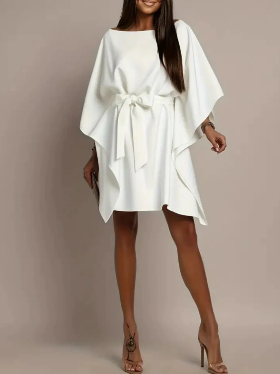 White Batwing Sleeves Lace Up Grace Irregular Hem Mini&Short Dresses - Image 4