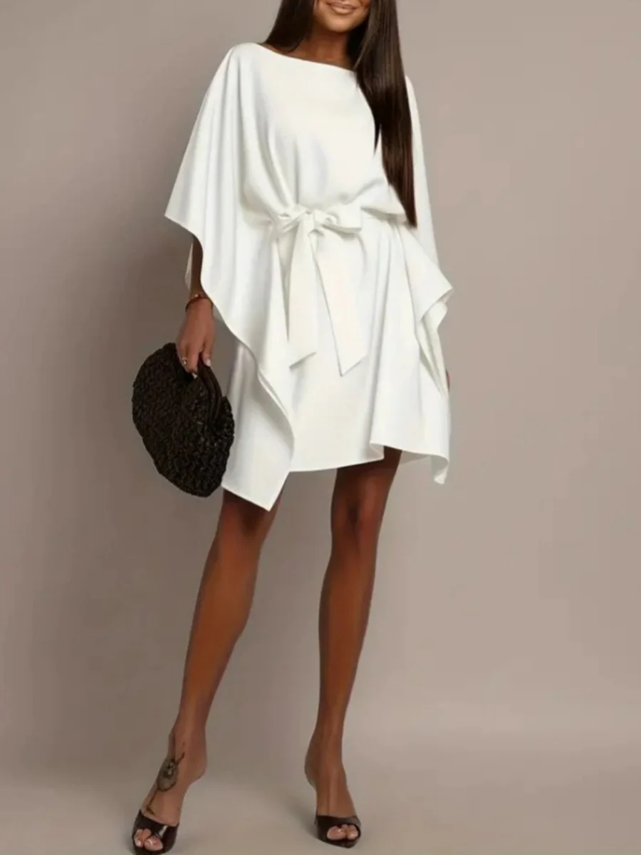 White Batwing Sleeves Lace Up Grace Irregular Hem Mini&Short Dresses - Image 5