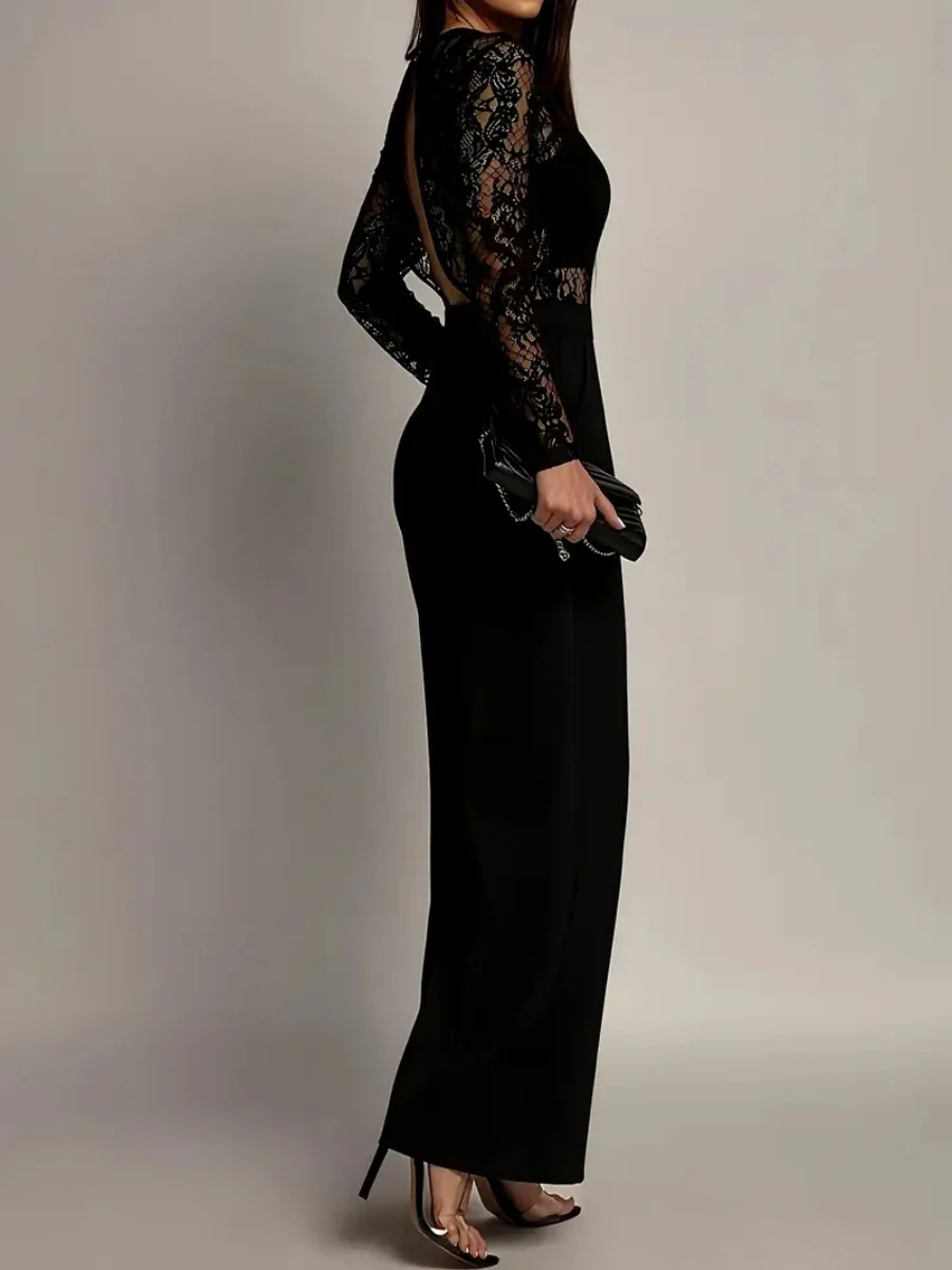 Lace Stitching Perspective Long Sleeve Wide Leg Jumpsuits - Image 2