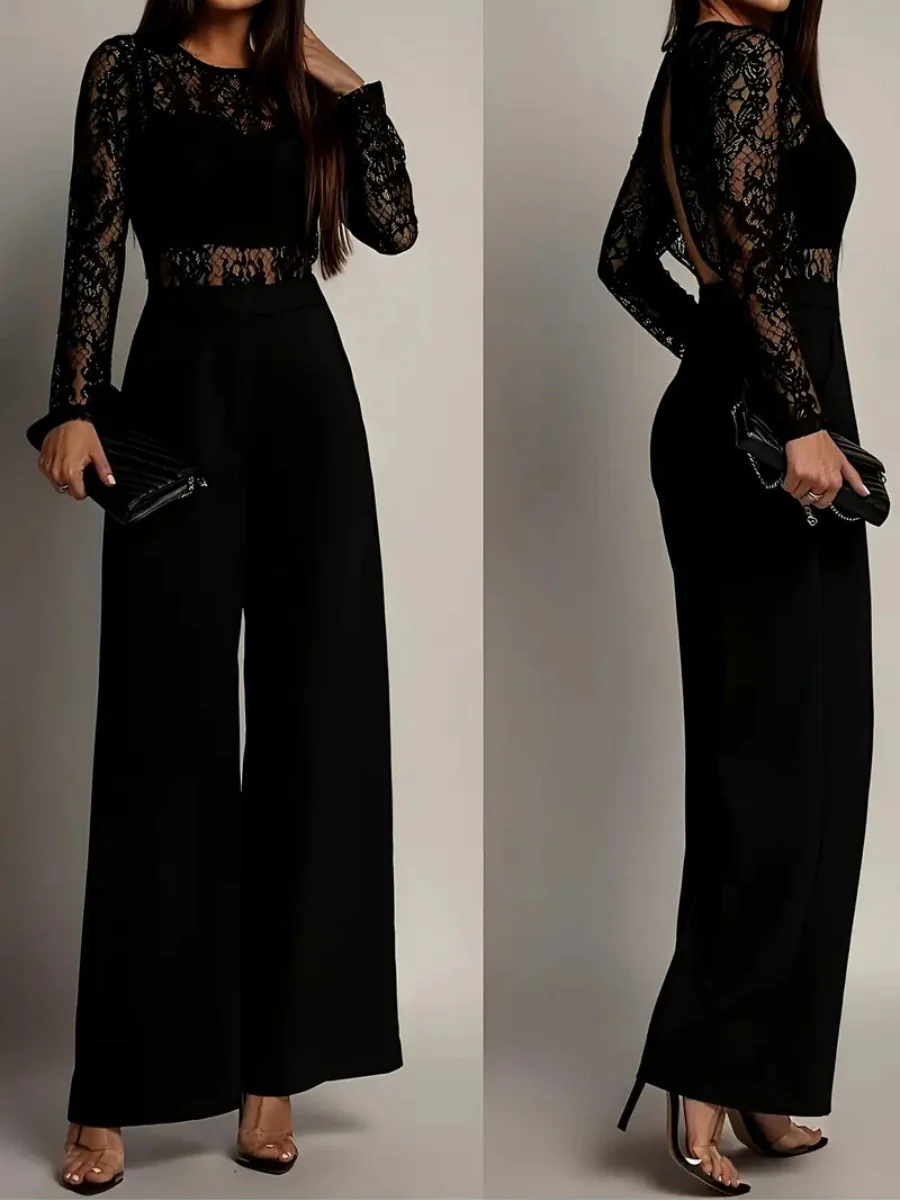Lace Stitching Perspective Long Sleeve Wide Leg Jumpsuits - Image 3