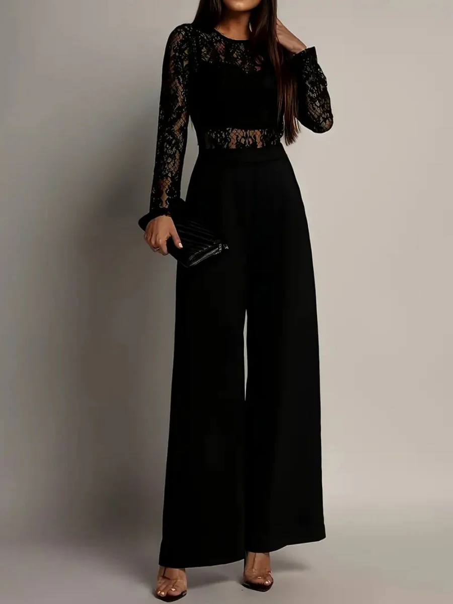 Lace Stitching Perspective Long Sleeve Wide Leg Jumpsuits - Image 4