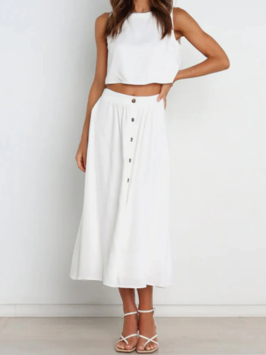Solid Color Tank Tops Button-down Skirt Set 2-piece Sets - Image 3