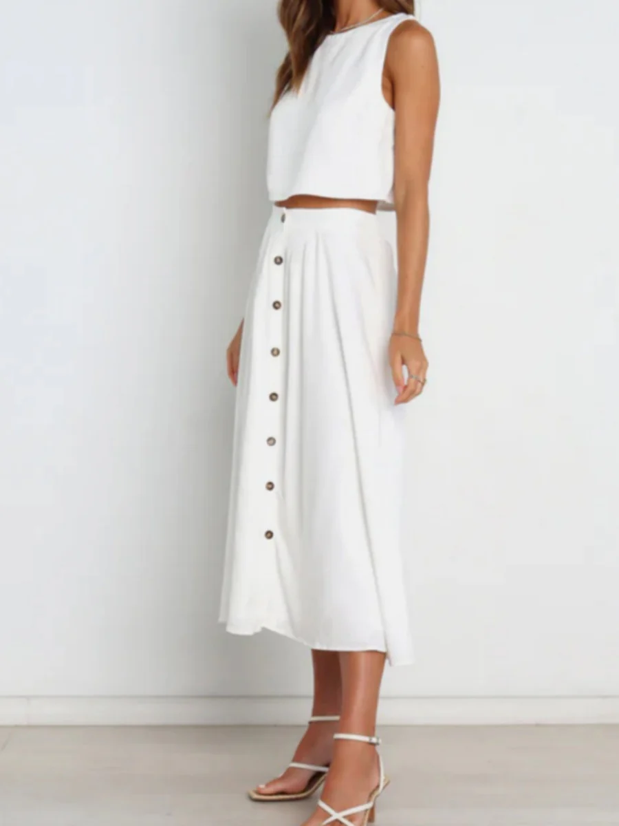 Solid Color Tank Tops Button-down Skirt Set 2-piece Sets - Image 4