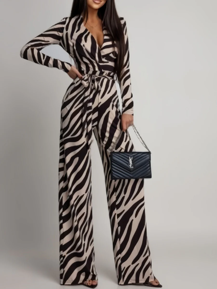 Zebra Print V-neck Long Sleeve Wide-leg Pants Jumpsuits