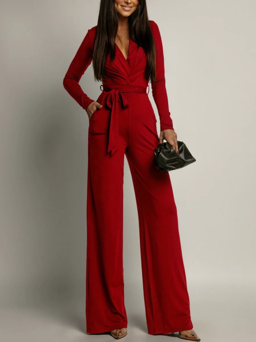 Zebra Print V-neck Long Sleeve Wide-leg Pants Jumpsuits - Image 11