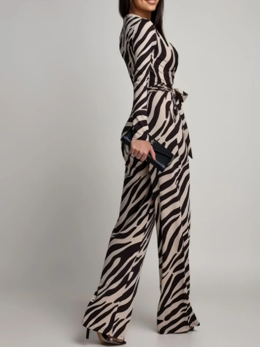 Zebra Print V-neck Long Sleeve Wide-leg Pants Jumpsuits - Image 2