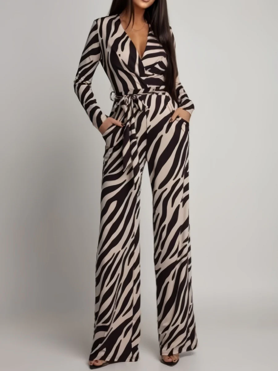 Zebra Print V-neck Long Sleeve Wide-leg Pants Jumpsuits - Image 3