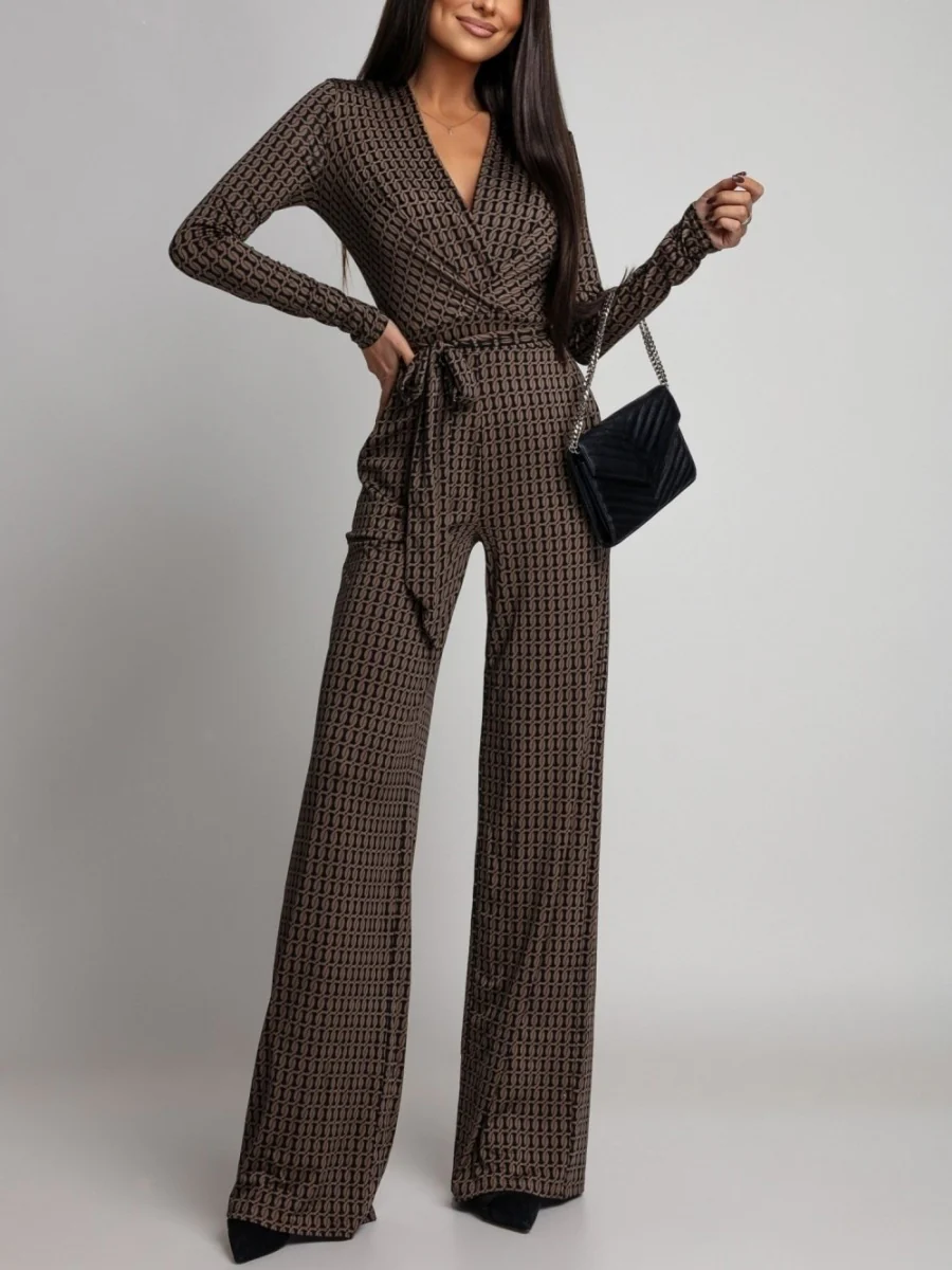 Zebra Print V-neck Long Sleeve Wide-leg Pants Jumpsuits - Image 4