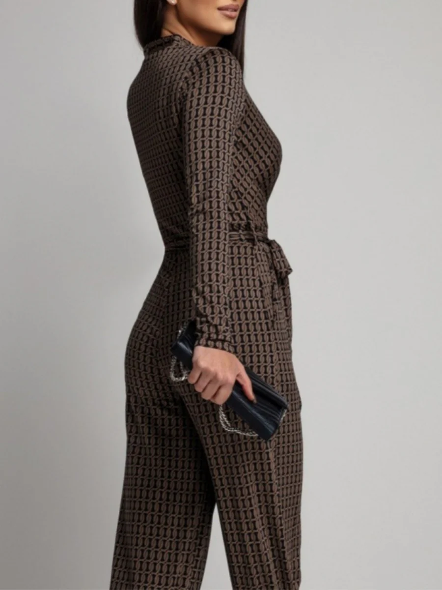 Zebra Print V-neck Long Sleeve Wide-leg Pants Jumpsuits - Image 5