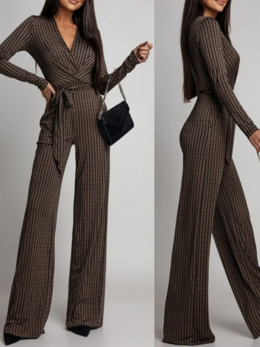 Zebra Print V-neck Long Sleeve Wide-leg Pants Jumpsuits - Image 6