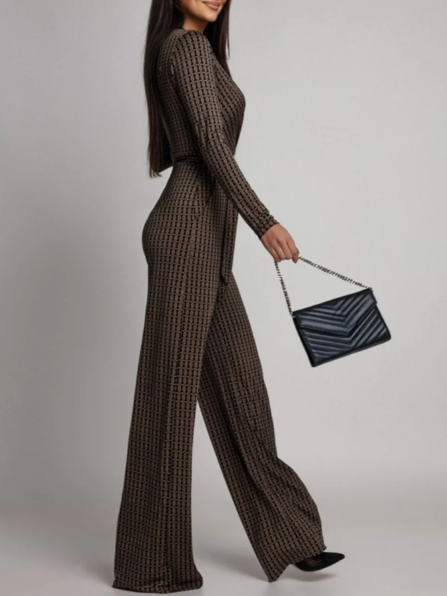 Zebra Print V-neck Long Sleeve Wide-leg Pants Jumpsuits - Image 7