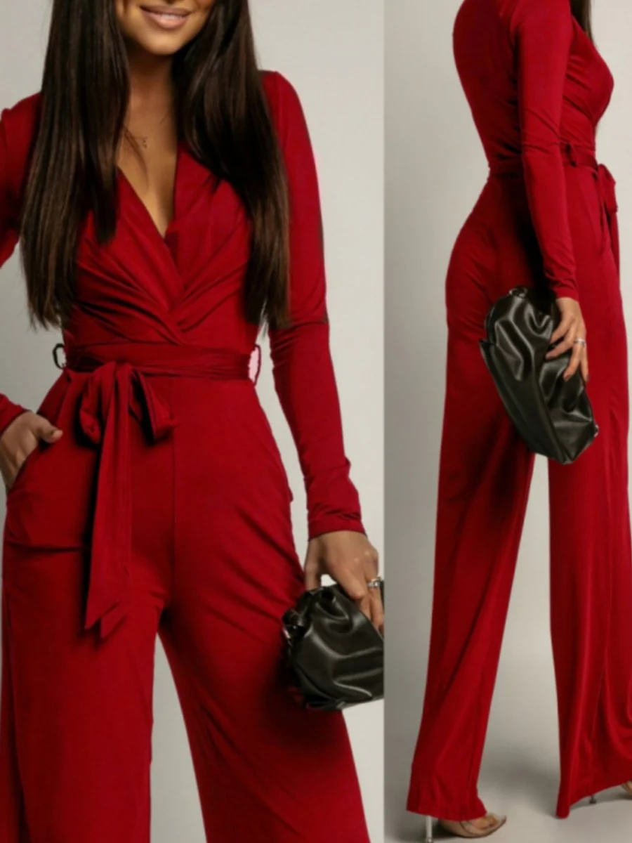 Zebra Print V-neck Long Sleeve Wide-leg Pants Jumpsuits - Image 9