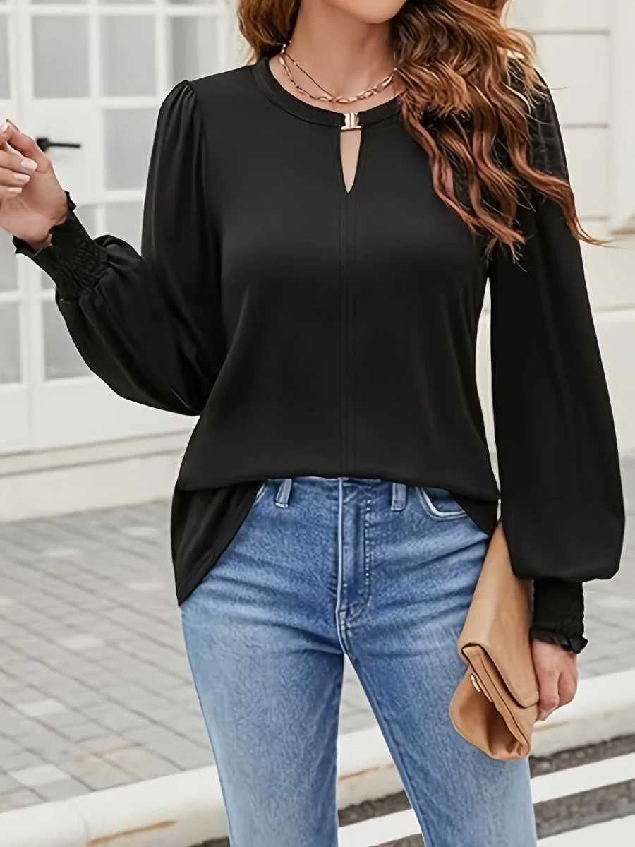 Crew Neck Metal Buckle Balloon Sleeve Long Sleeve Grace T-shirts Shirts - Image 2