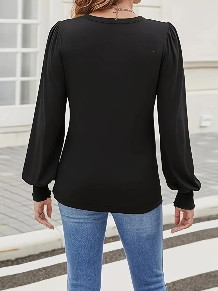 Crew Neck Metal Buckle Balloon Sleeve Long Sleeve Grace T-shirts Shirts - Image 3