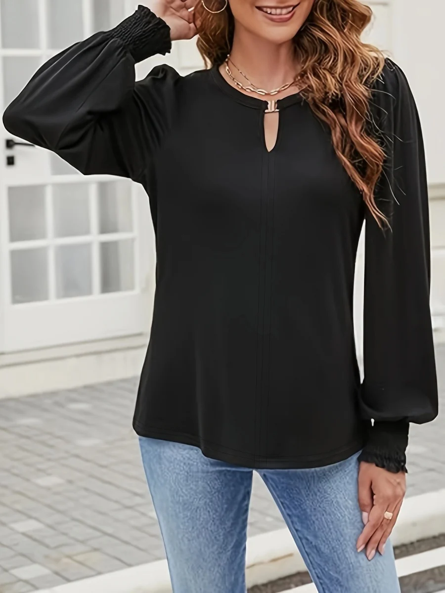 Crew Neck Metal Buckle Balloon Sleeve Long Sleeve Grace T-shirts Shirts - Image 5