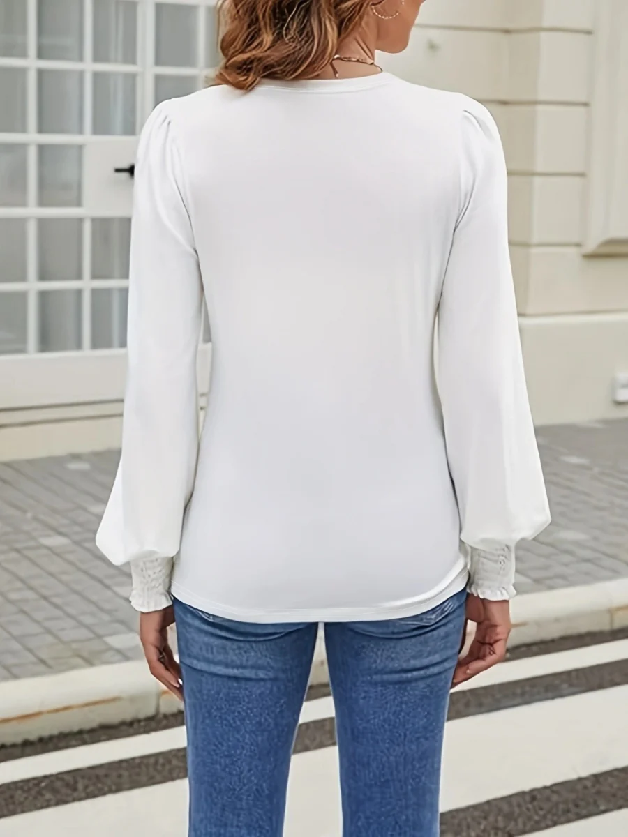Crew Neck Metal Buckle Balloon Sleeve Long Sleeve Grace T-shirts Shirts - Image 7
