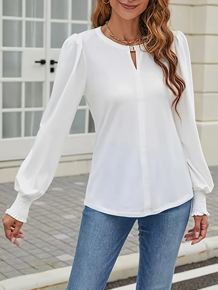 Crew Neck Metal Buckle Balloon Sleeve Long Sleeve Grace T-shirts Shirts - Image 8