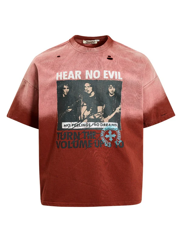 Washed Distressed Figure Printed Loose-fit Hole T-shirts - Image 2