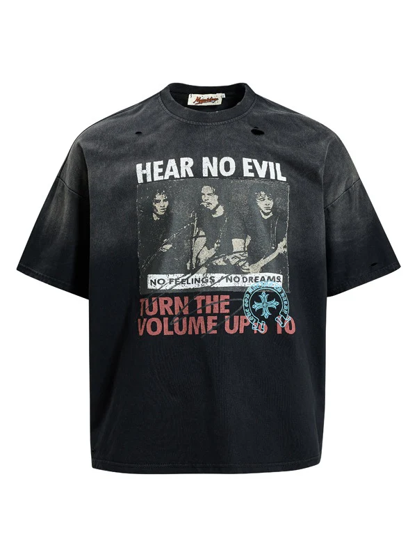 Washed Distressed Figure Printed Loose-fit Hole T-shirts - Image 6