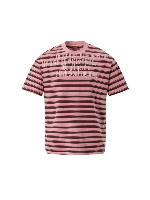 Retro Color-blocked Stripes Letter Printed T-shirts - Image 2