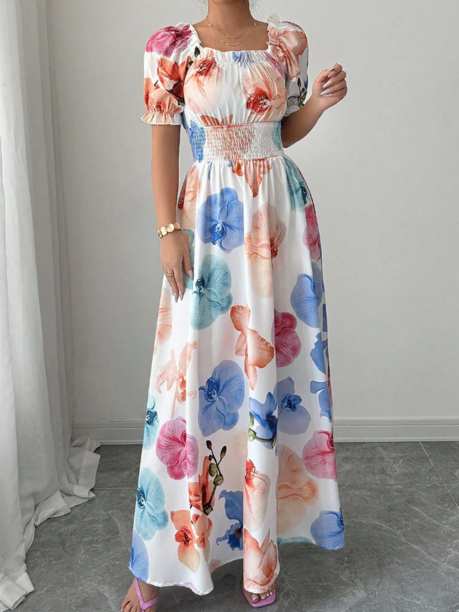 Color One-shoulder Collar Flowers Maxi Dresses - Image 2