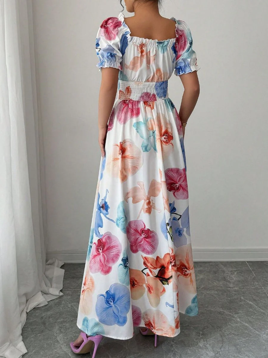 Color One-shoulder Collar Flowers Maxi Dresses - Image 3