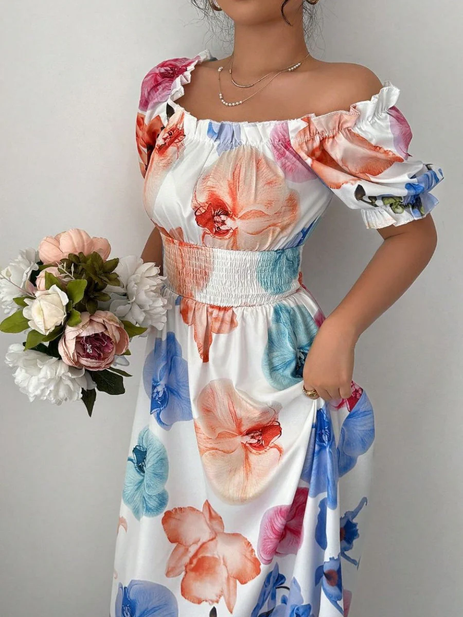 Color One-shoulder Collar Flowers Maxi Dresses - Image 4
