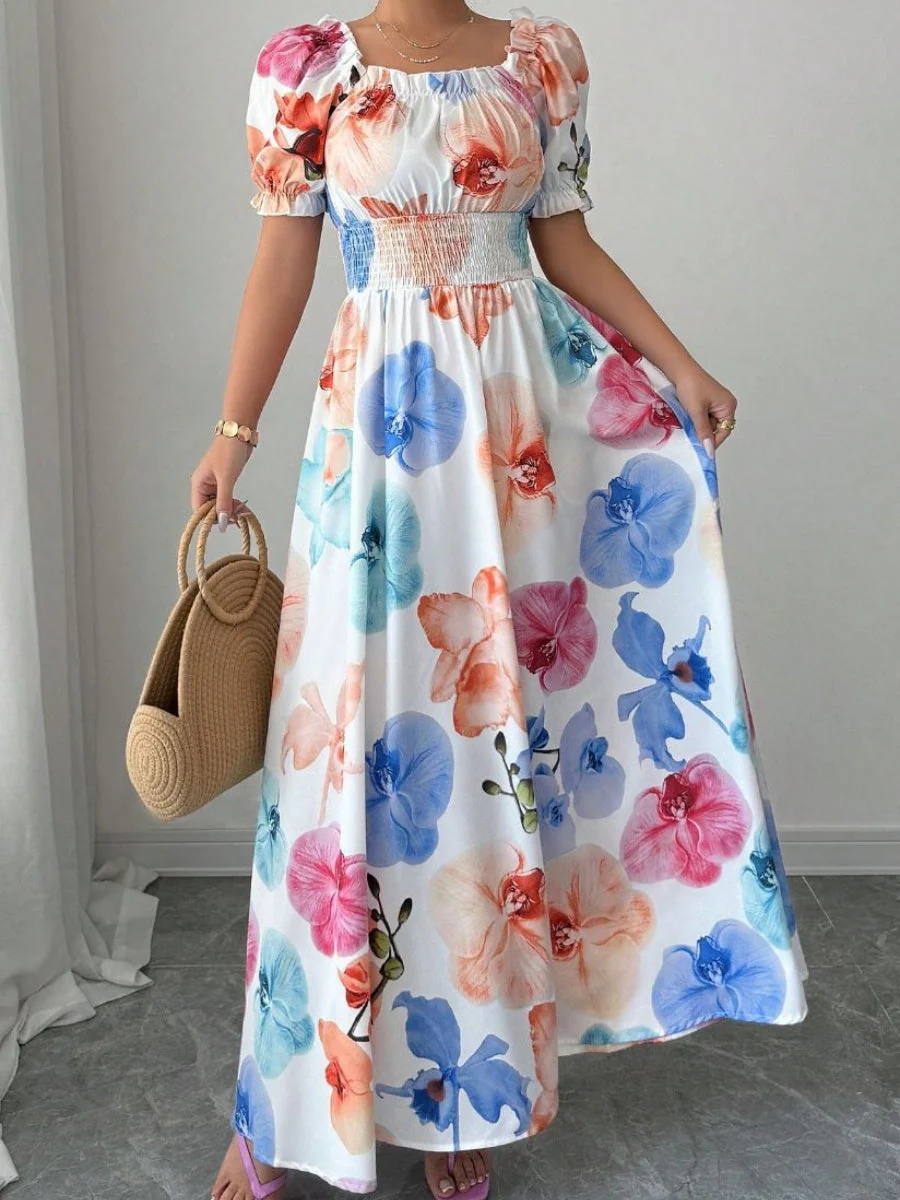 Color One-shoulder Collar Flowers Maxi Dresses - Image 5