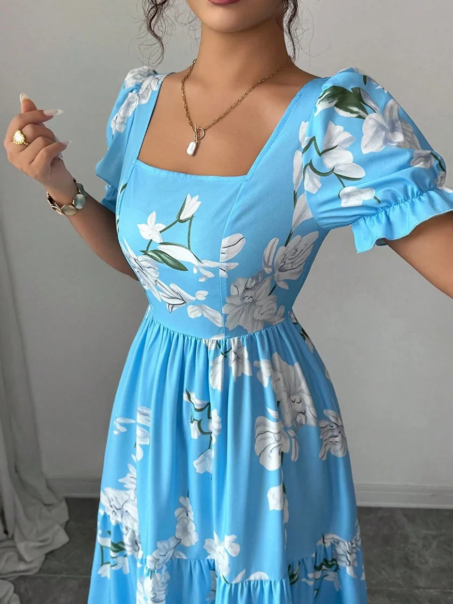 Square Neck Women's Clothing Flowers Maxi Dresses - Image 2