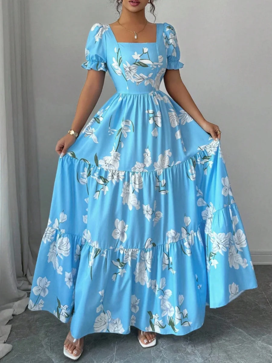 Square Neck Women's Clothing Flowers Maxi Dresses - Image 3