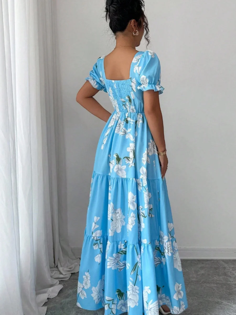 Square Neck Women's Clothing Flowers Maxi Dresses - Image 4