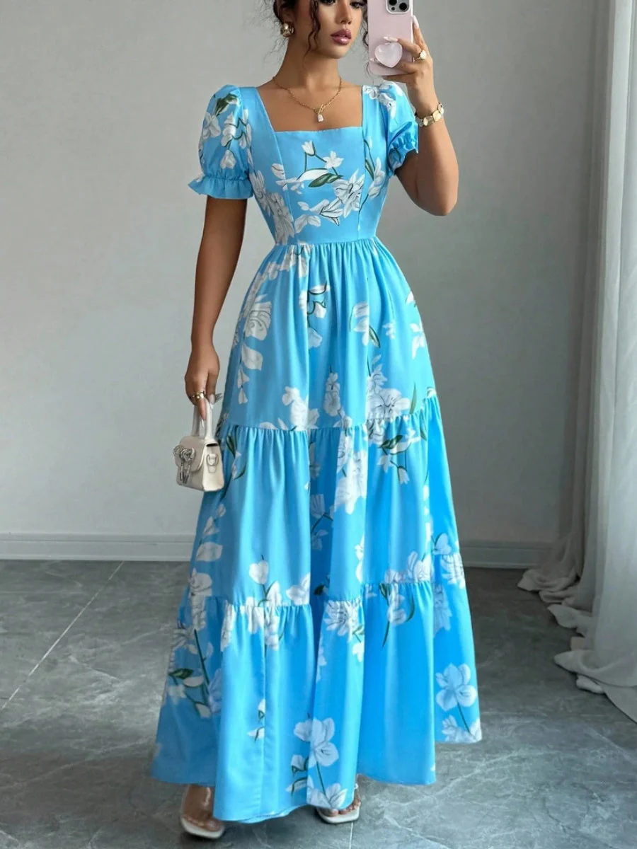 Square Neck Women's Clothing Flowers Maxi Dresses - Image 5