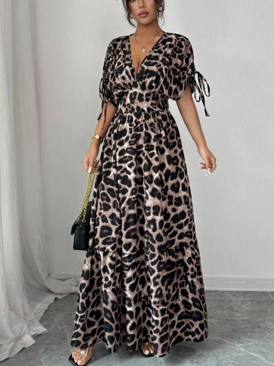 V-neck Short Sleeve Leopard Print Maxi Dresses - Image 3