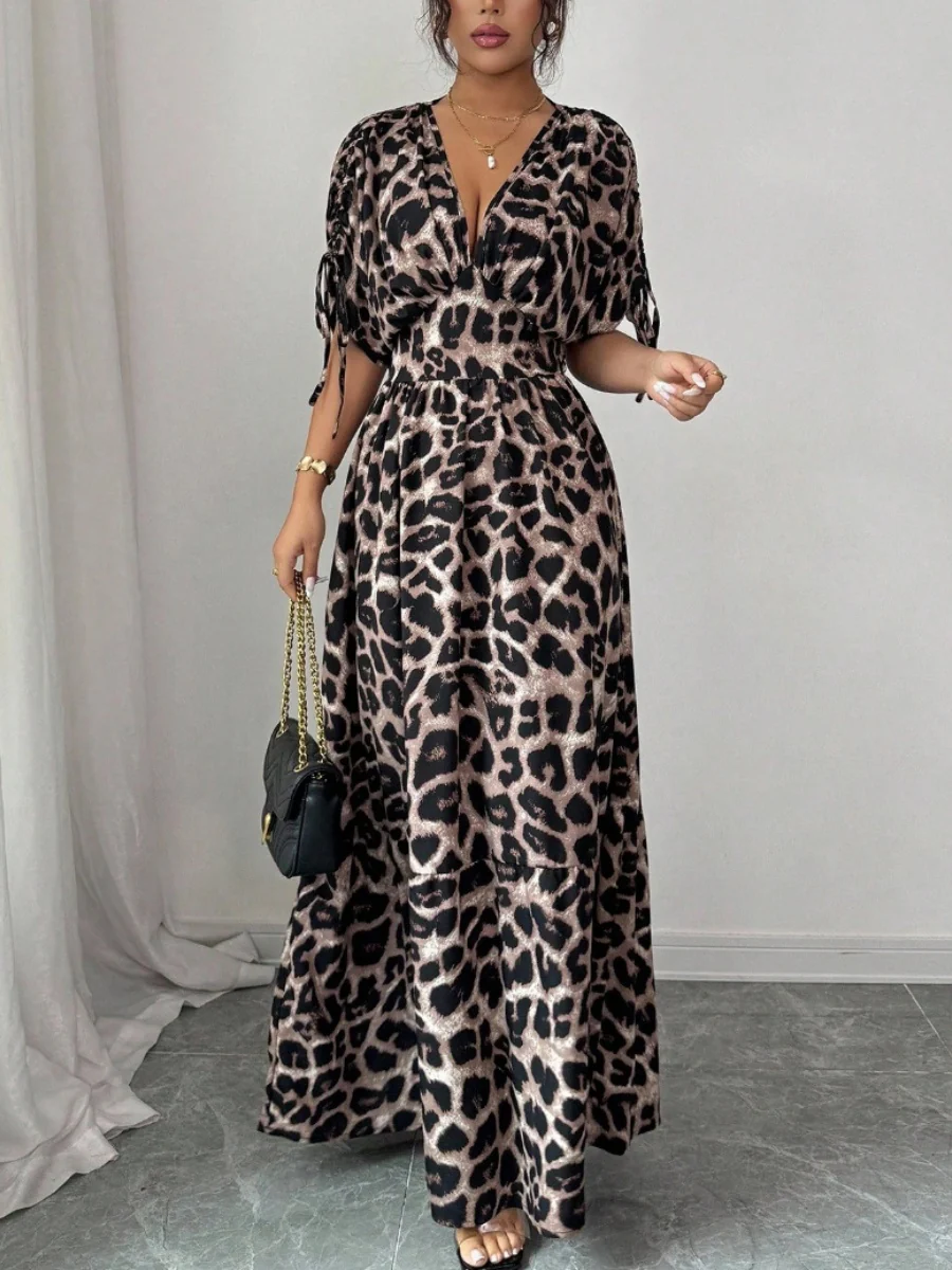 V-neck Short Sleeve Leopard Print Maxi Dresses - Image 4