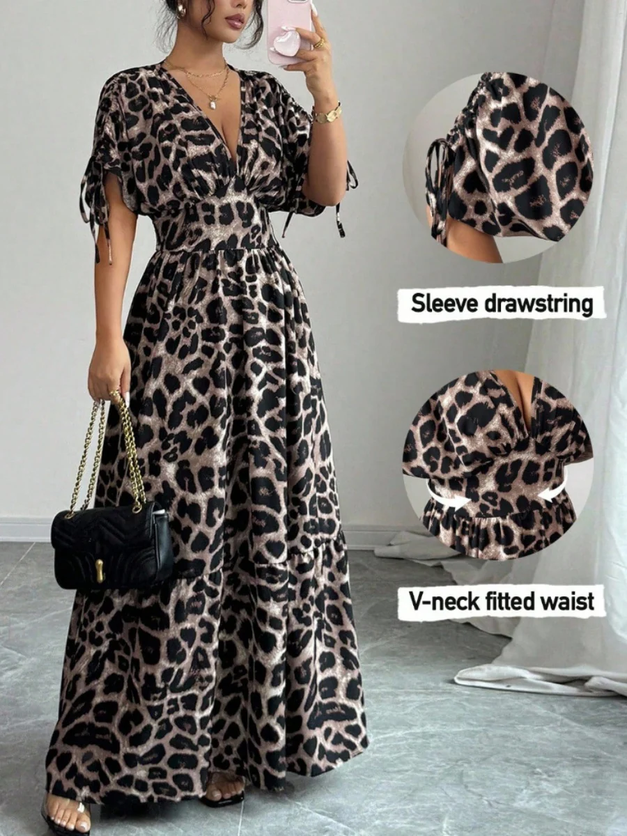 V-neck Short Sleeve Leopard Print Maxi Dresses - Image 5