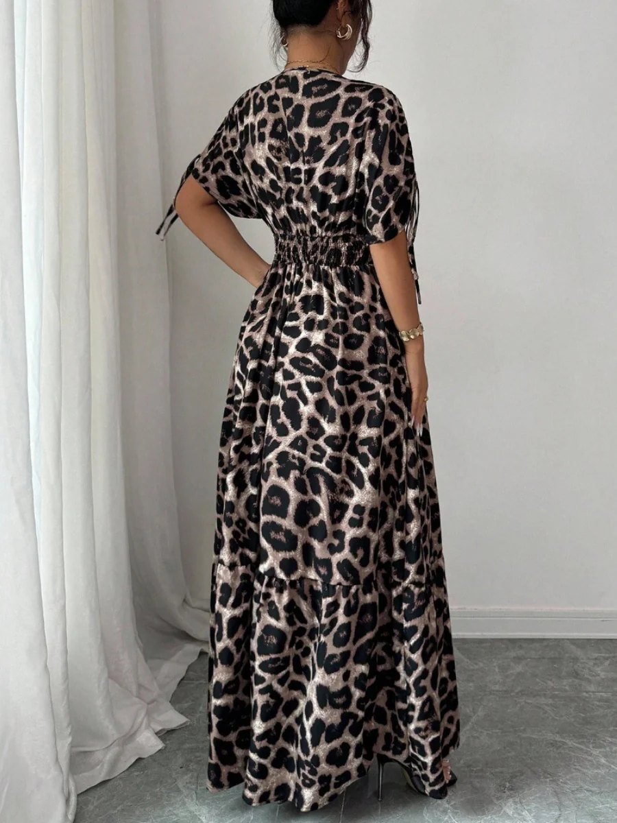 V-neck Short Sleeve Leopard Print Maxi Dresses - Image 7