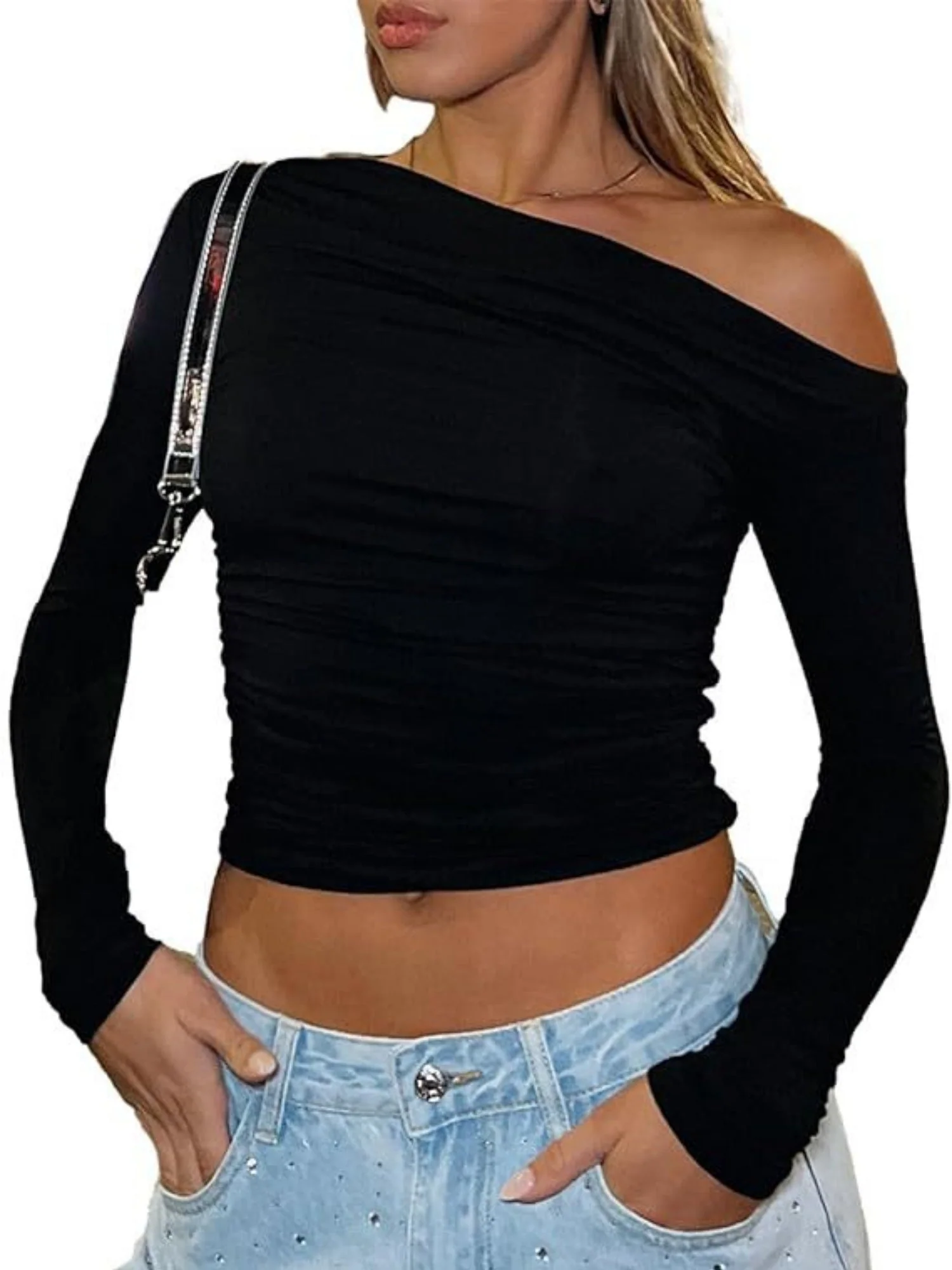 Y2K Asymmetrical Sloping Shoulders Crop Top Long Sleeves T-shirts - Image 10