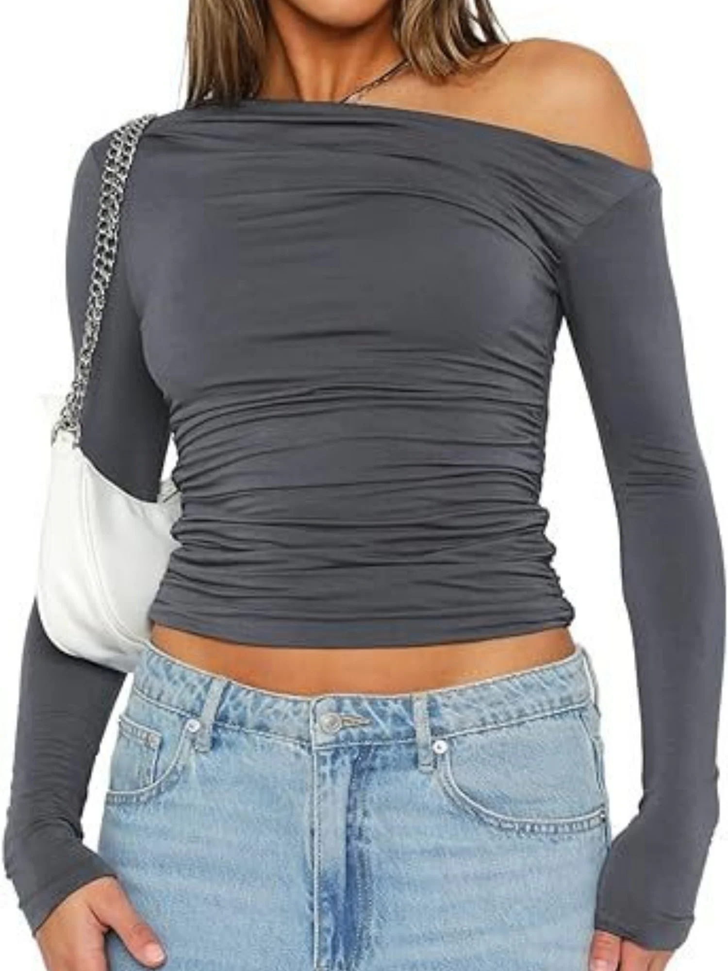Y2K Asymmetrical Sloping Shoulders Crop Top Long Sleeves T-shirts - Image 11