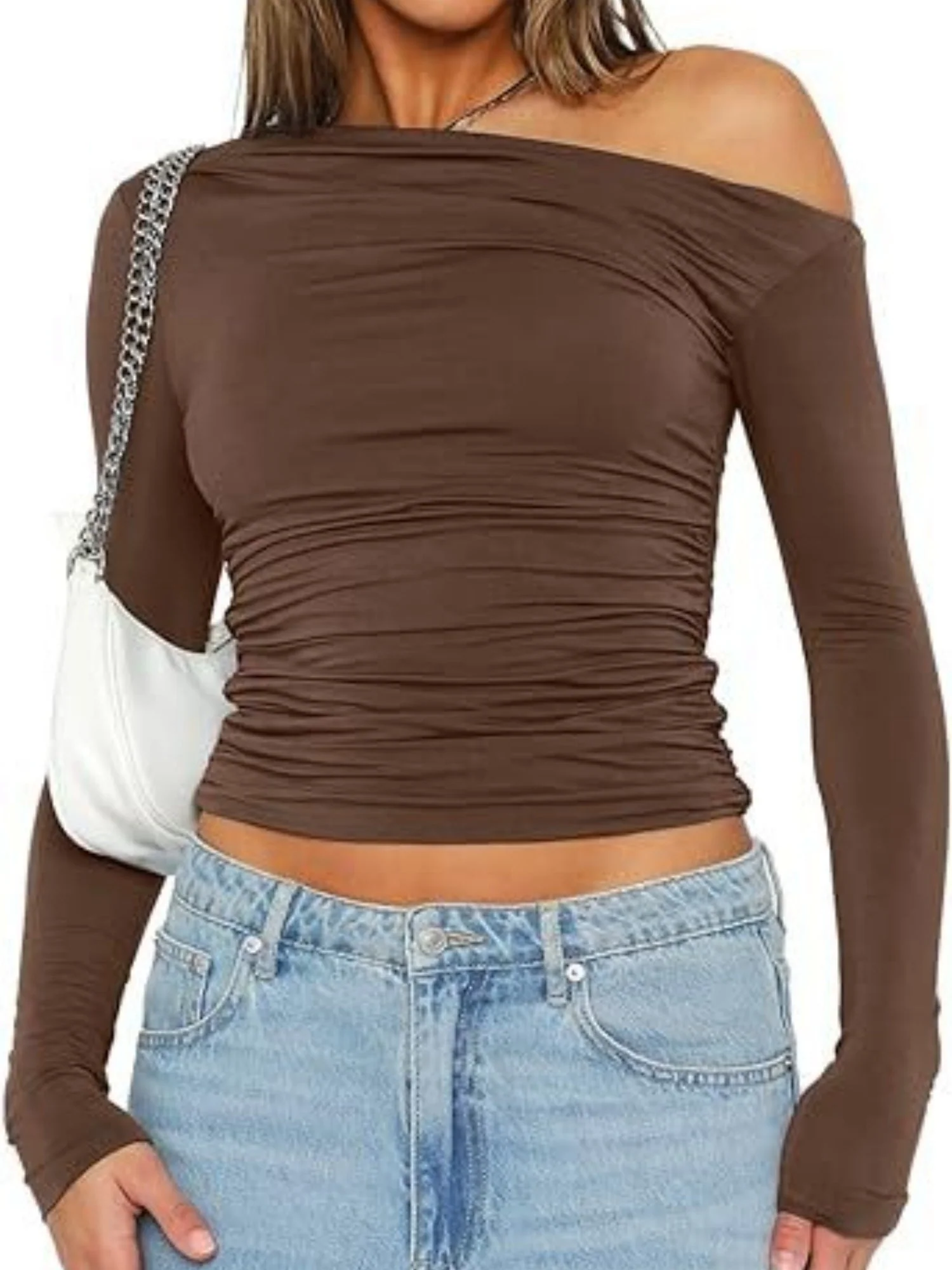 Y2K Asymmetrical Sloping Shoulders Crop Top Long Sleeves T-shirts - Image 3