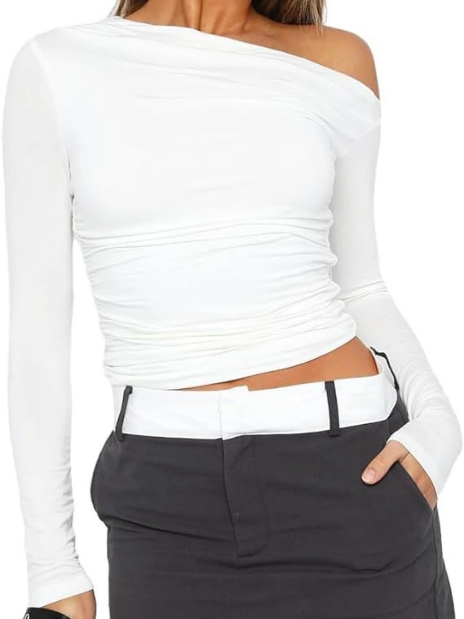 Y2K Asymmetrical Sloping Shoulders Crop Top Long Sleeves T-shirts - Image 6